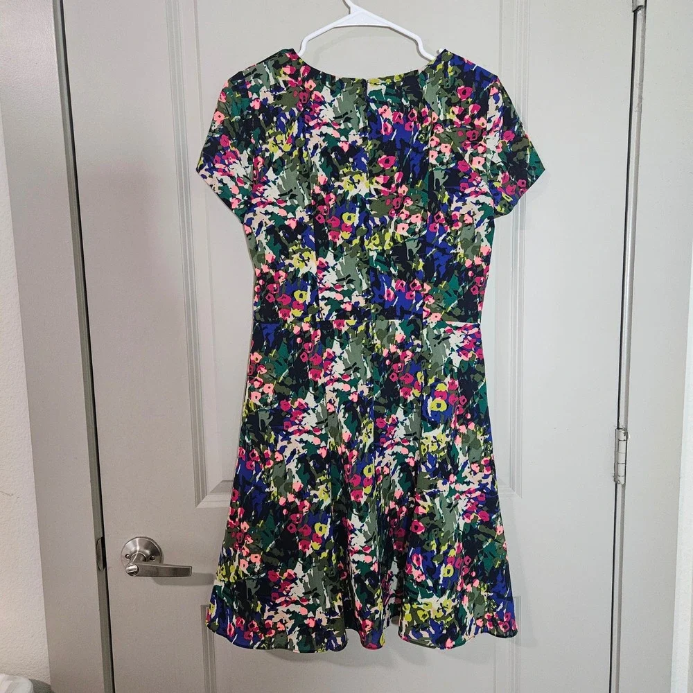 J. Crew Women Abstract Floral Fit & Flare Dress Green Pink Blue Size 4